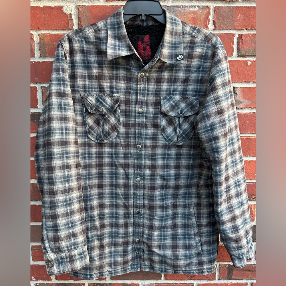 Metal Mulisha Heavy Duty Plaid Long Sleeve Black Sherpa Lined Snap Up Shacket G8